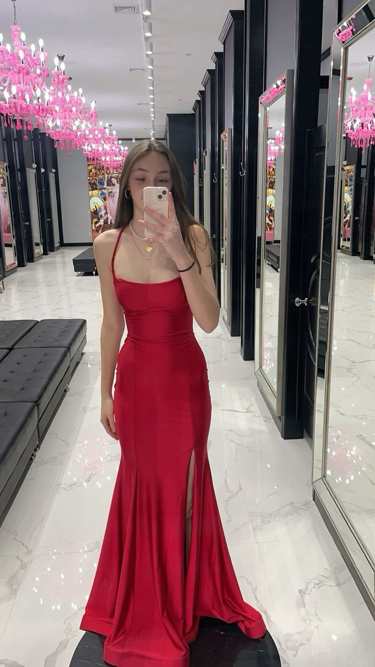 Elegantes Meerjungfrauen-Halterkleid aus rotem Satin mit Schlitz, figurbetont, langes formelles Abendkleid für Damen, Ballkleid zum 16. Geburtstag AB1239