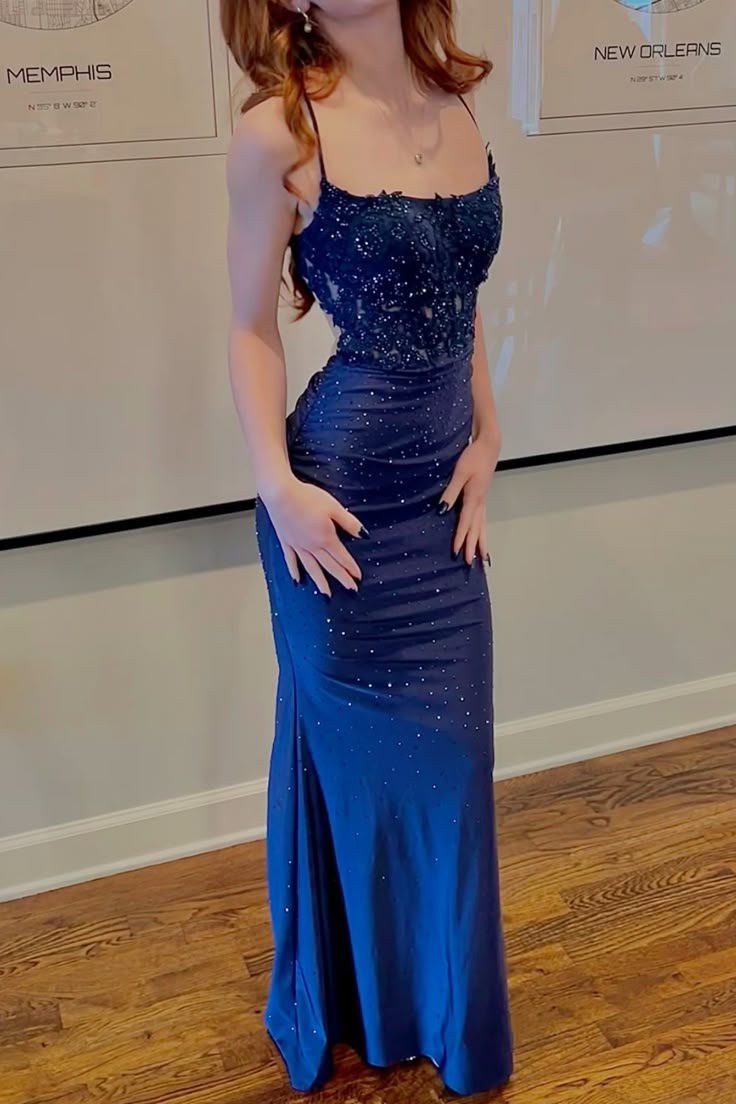 Spaghetti Straps Sequins Appliques Prom Dresses Blue Satin Mermaid Evening Dress AB686
