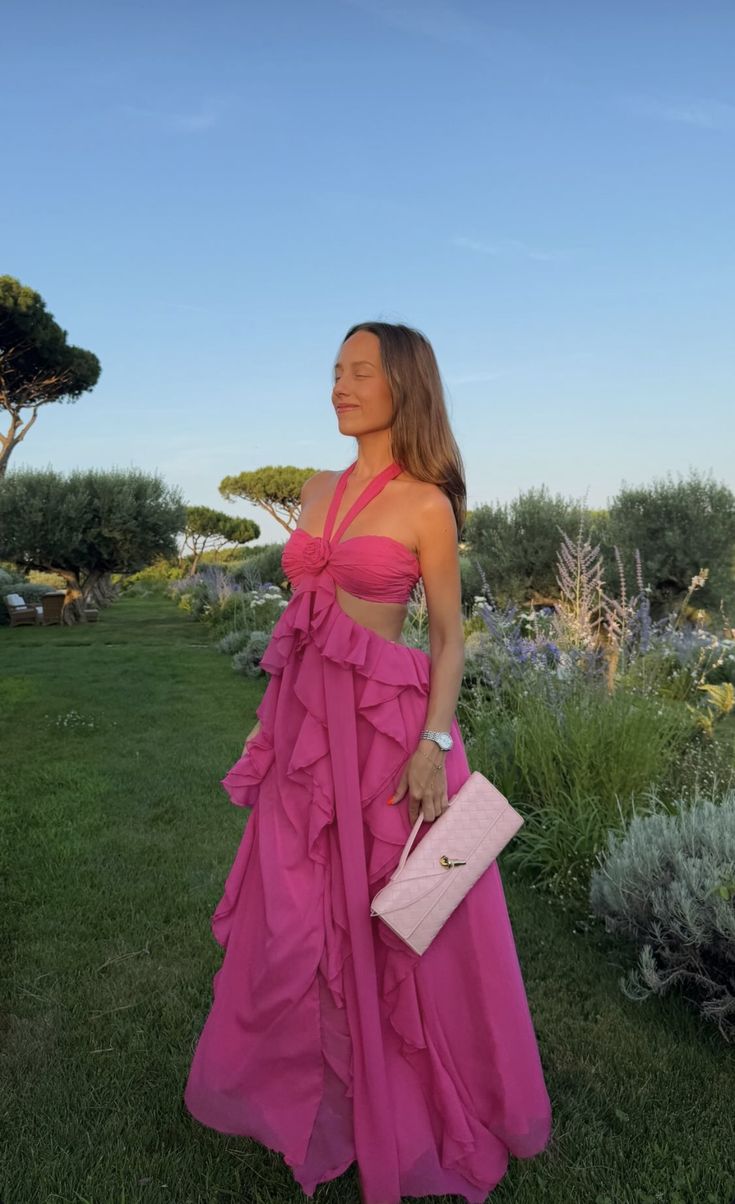 Hot Pink Prom Dress A line Halter Chiffon Tiered Evening Party Semi Gala Wedding Guest Formal Dress RC1523