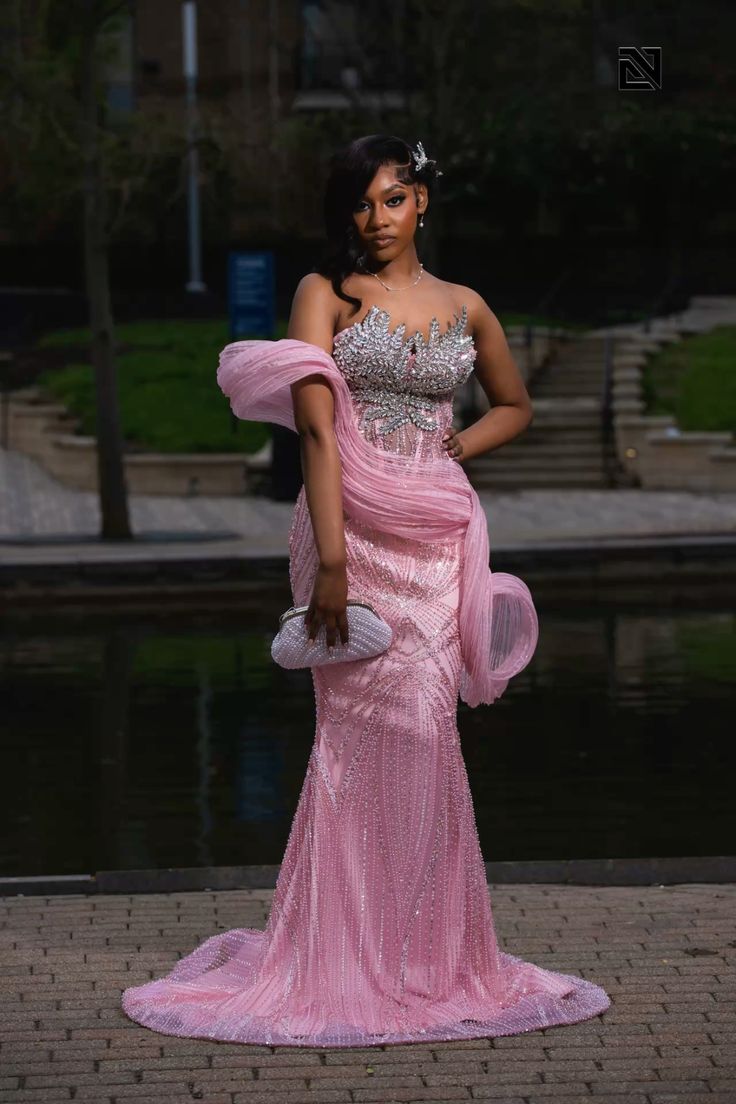 Sparkly Mermaid Strapless Pink Sequin With Beading Evening Dresses Night Date Prom Dress Party Outfits AB2563