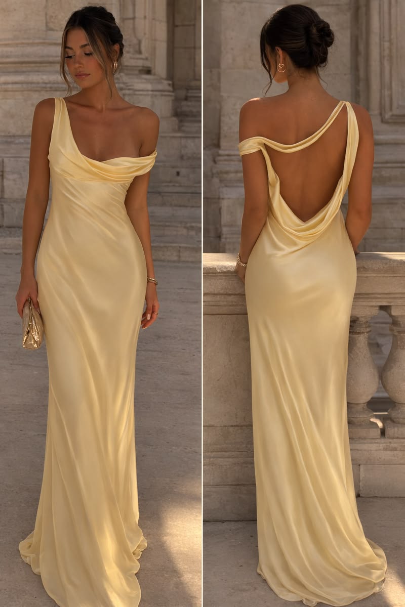 Yellow Prom Dresses Inspiration Mermaid One Shoulder Satin Evening Gown Long Gala Formal Dress RC1488