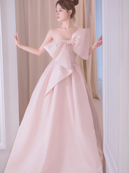 Simple A line One Shoulder Pink Satin Sleeveless Long Prom Dresses Prom Gowns Evening Dress A027