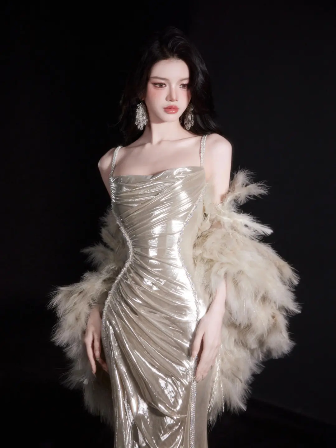 Vintage Mermaid Spaghetti Straps Champagne Sequin Without Cape Floor Length Prom Dress Inspiration Long Prom Dresses A048