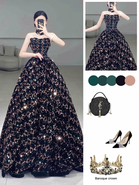 Süßes schwarzes trägerloses Ballkleid mit Pailletten, langes Quinceanera-Kleid, wunderschöne Quinceanera-Kleider, süßes 15. 16. Kleid A062