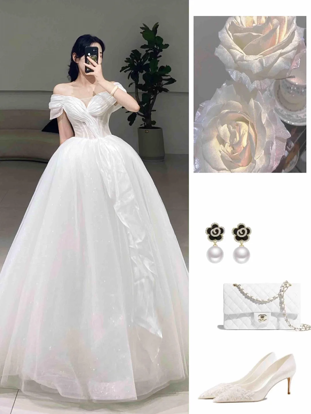 Zeitloses Ballkleid aus der Schulter, weißes Tüll, langes Brautkleid, schöne formelle süße Brautkleider A078