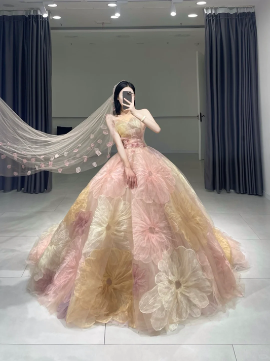 Süßes trägerloses Ballkleid mit floraler Spitze, langes Quinceanera-Kleid, wunderschöne Quinceanera-Kleider, süßes 15. 16. Kleid A093