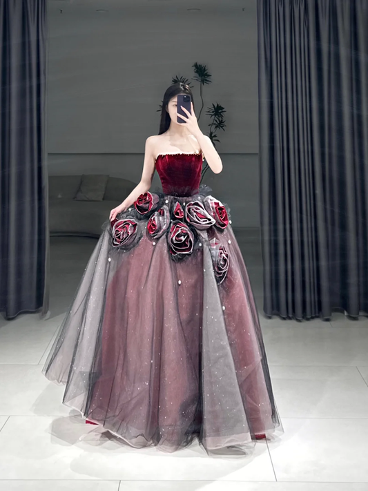 Süßes trägerloses Ballkleid mit Blumenmuster, Tüll, langes Quinceanera-Kleid, wunderschöne Quinceanera-Kleider, süßes 15. 16. Kleid A102