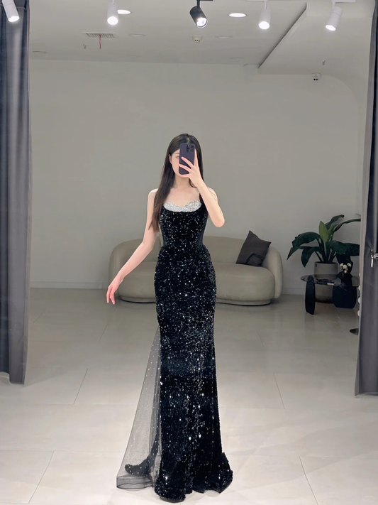 Elegant Mermaid Spaghetti Straps Black Sequin Long Floor Length Prom Dress Inspiration Long Prom Dresses A117