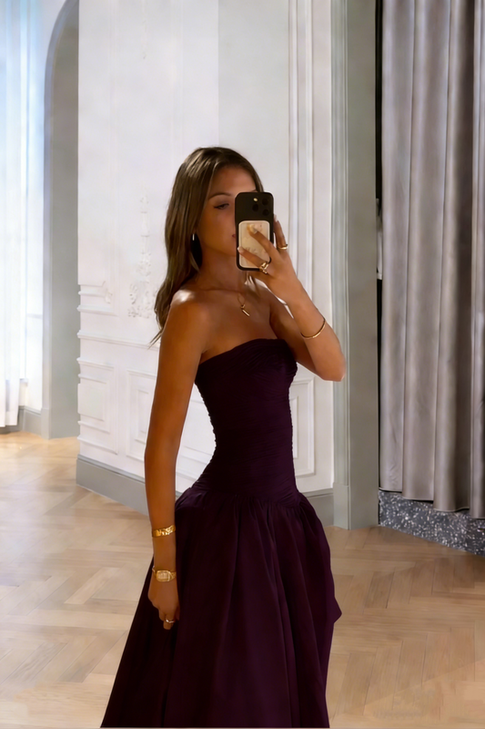 Elegantes, trägerloses, rosafarbenes A-Linien-Abendkleid mit Schlitz, festliches Abendkleid AB528