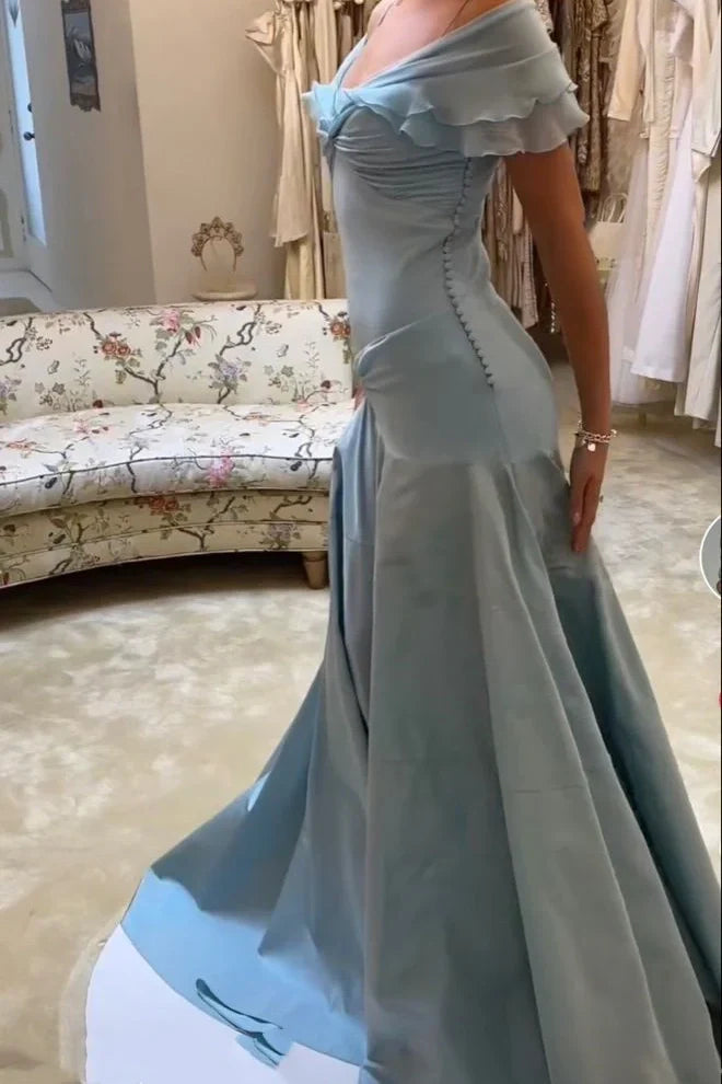 Robe de bal longue sirène élégante en mousseline bleue à épaules dénudées, modèle AB579