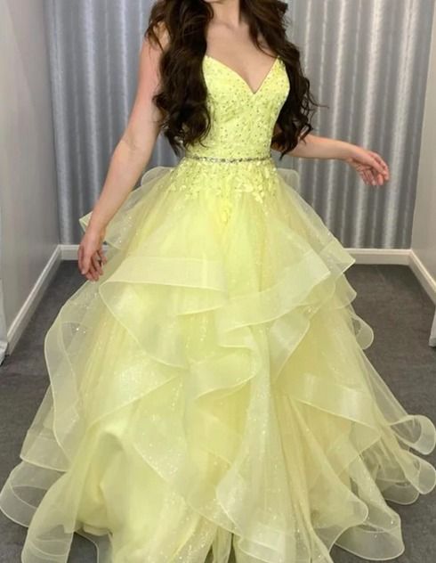 Robe de bal élégante à fines bretelles, en dentelle jaune et tulle long, modèle AB584