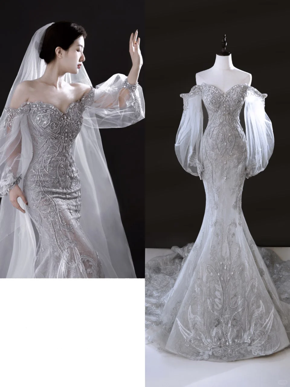 Robe de mariée argentée sirène scintillante à épaules dénudées et manches longues en dentelle à sequins AB884