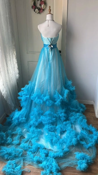 Langes Sweet-16-Kleid mit Herzausschnitt, blaues Tüll-Ballkleid, ärmelloses Geburtstagskleid für den 16. Geburtstag RC0373