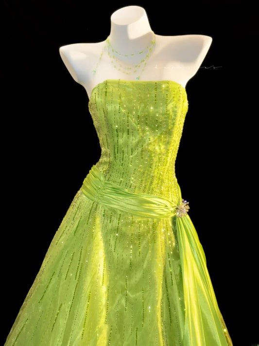 Glitter Prom Dresses Ball Gown Strapless Green With Beading Long Evening Formal Dress RB3347