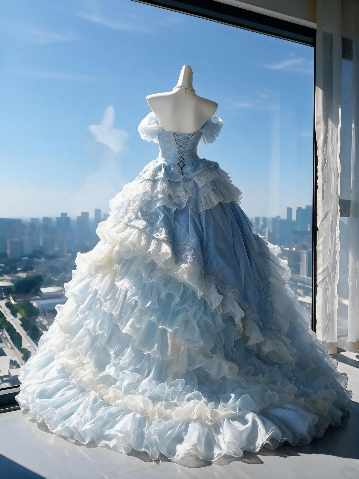 Fairy Quinceanera Dress Ball Gown Off The Shoulder Blue Tulle With Flowers Tiered Layers 15th Birthday Party Outfit RC0964