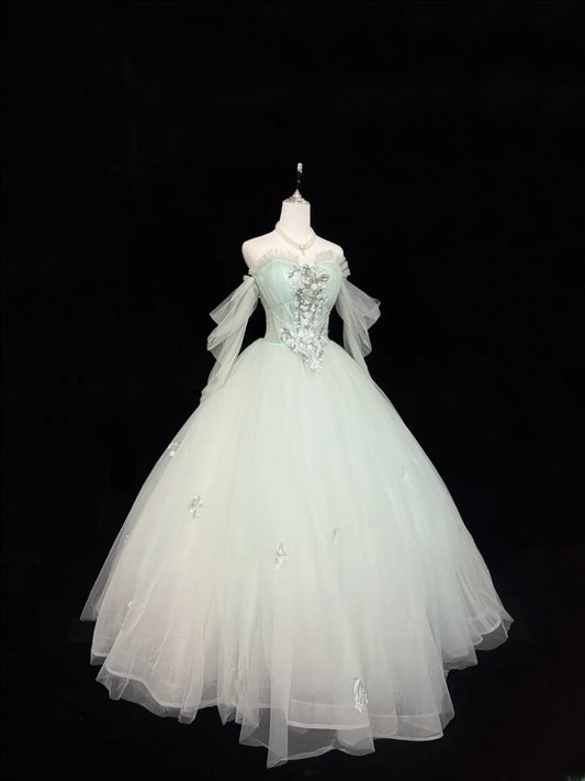 Princess Prom Dresses Ball Gown Off The Shoulder With Sleeves Mint Green Tulle Evening Long Formal Dress RB7378