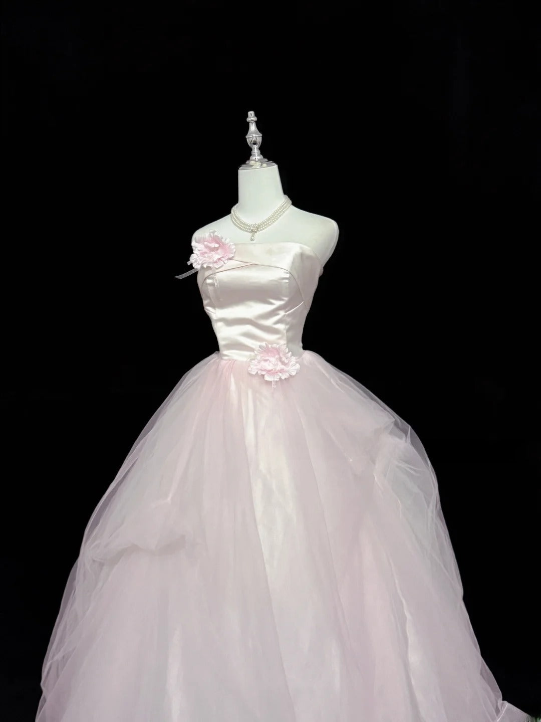 Princess Prom Dresses Ball Gown Pink Strapless Sleeveless Floor Length Tulle Evening Long Formal Dress RB7379
