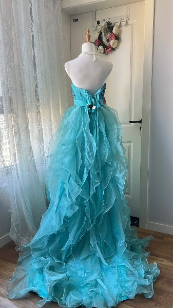 Blaues langes A-Linien-Abendkleid mit Spitze, trägerlos, bodenlang für schwarze Frauen RC0377