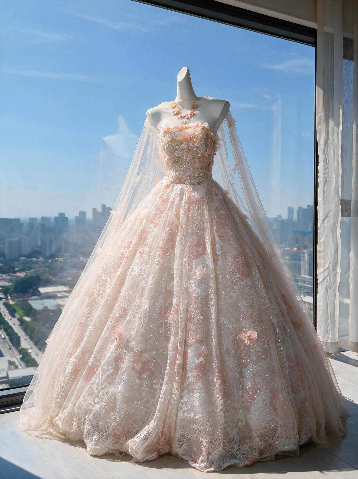 Fairy Quinceanera Dress Ball Gown Strapless Blush Pink Tulle With Flowers Tiered 16th Birthday Party Outfit RC0970