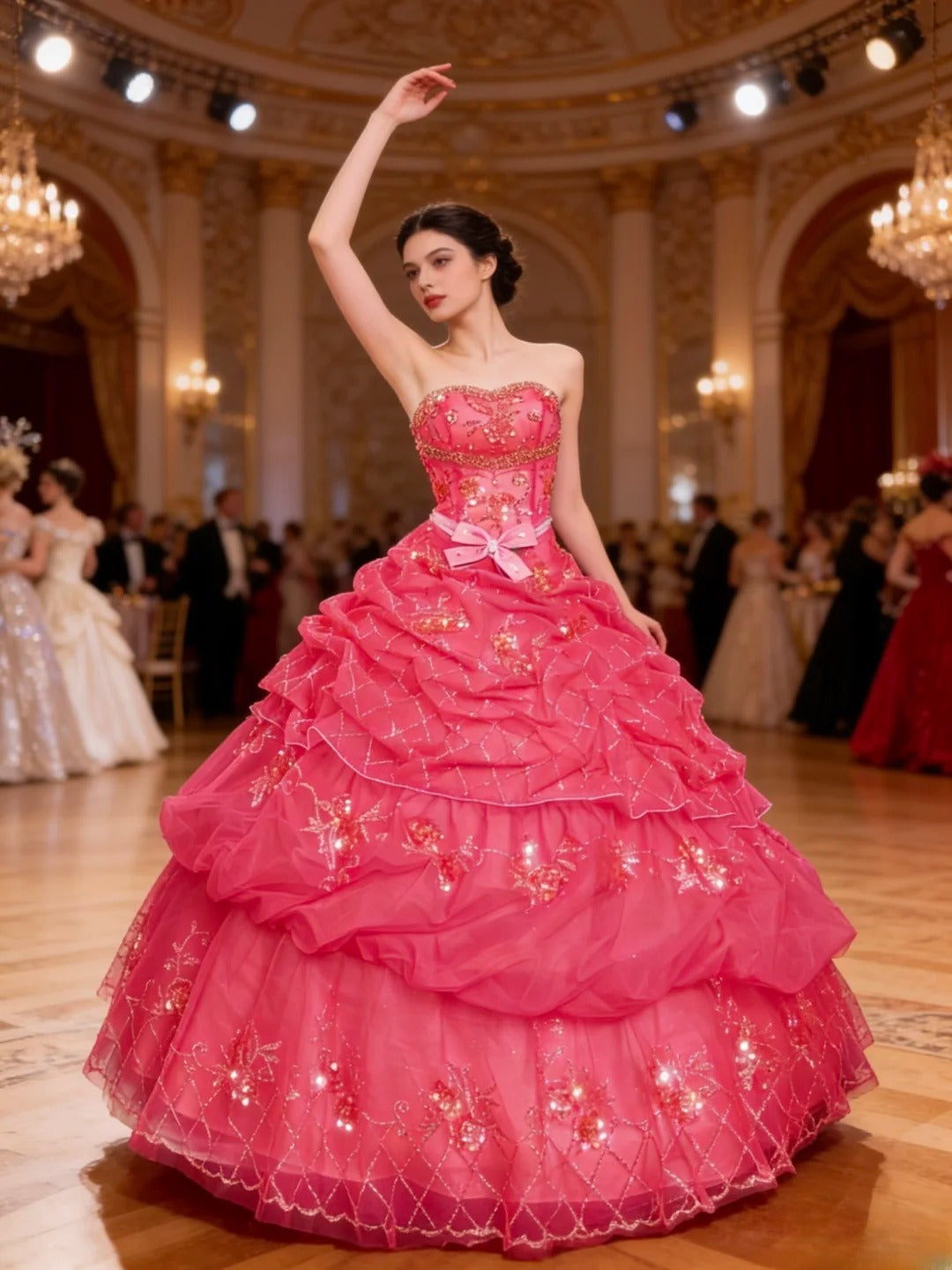 Prinzessin Ballkleid Trägerlos Hot Pink Mit Gestuften Perlen Sweet 16 Kleider Quinceanera Kleid RB3352