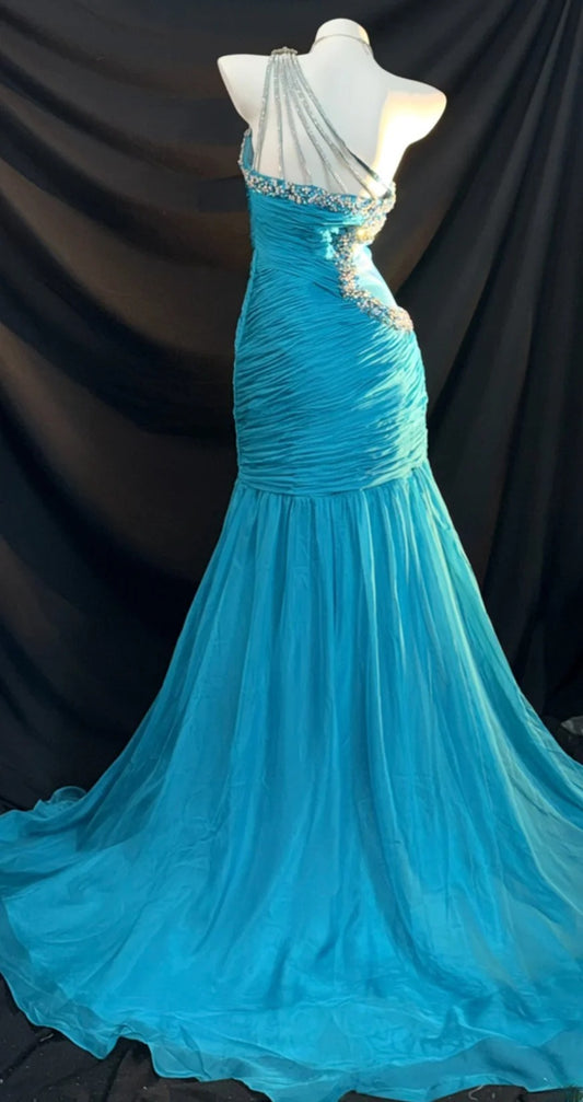 Modest Prom Dresses Mermaid One Shoulder Blue With Beading Long Evening Formal Outfits RB3353