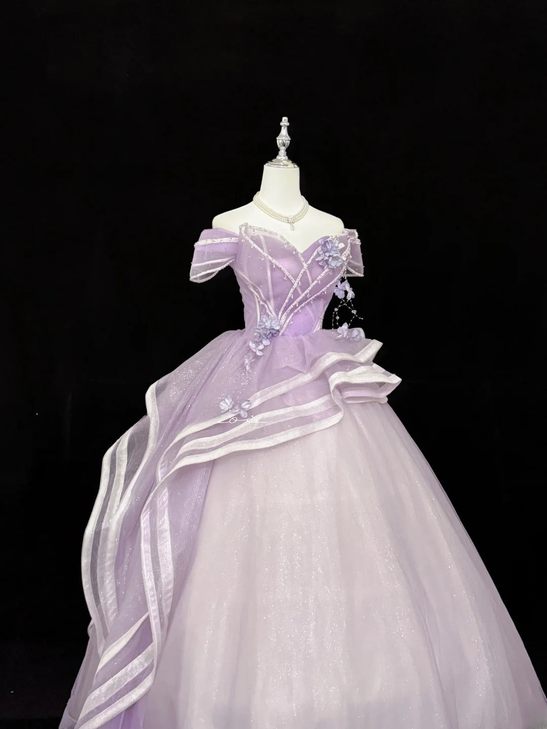 Sweety Prom Dresses Ball Gown Lilac Off The Shoulder With Flowers Tulle Evening Long Formal Dress RB7385