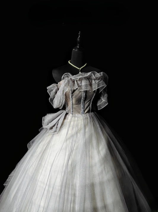 Pretty Ball Gown Off The Shoulder Gray With Sleeves Moda 2000 Quince Dress Long 15 Quinceanera Dresses Ideas Formal Outfits RB6363
