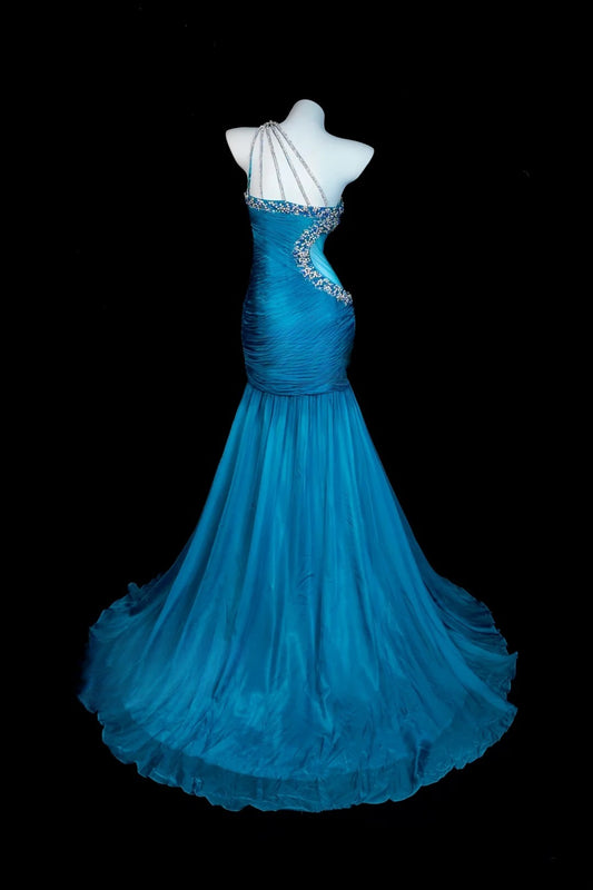 Blaues Ballkleid Meerjungfrau mit einer Schulter aus Satin, dezent, bodenlang, formelles Partykleid RB9820