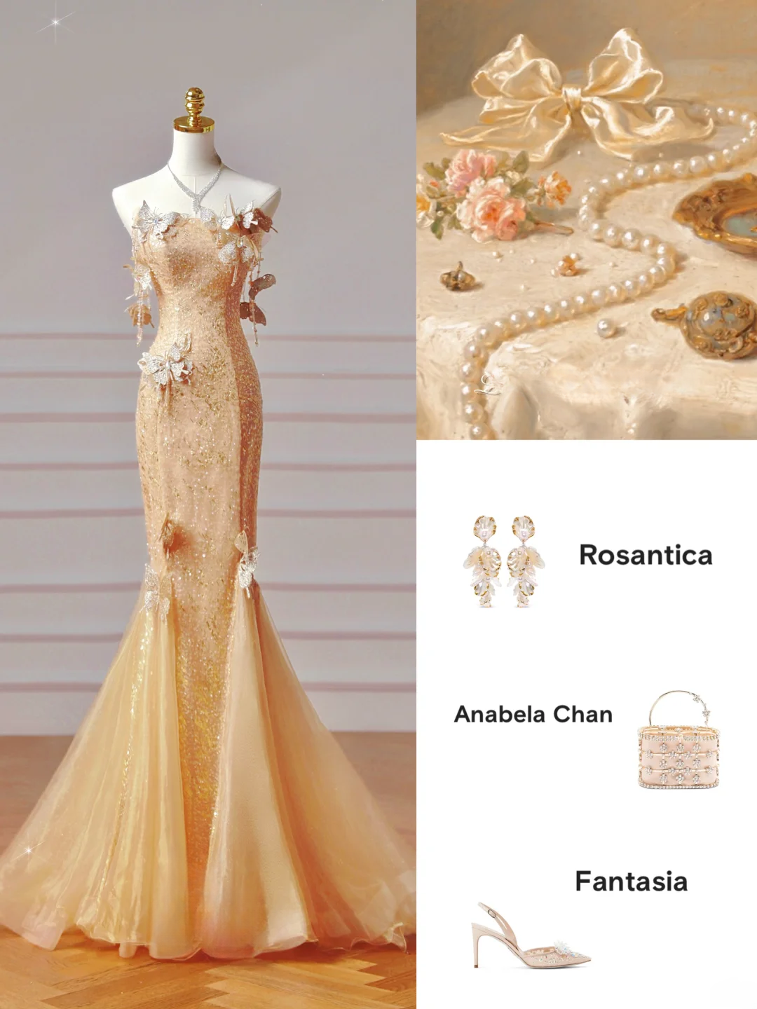 Elegantes, trägerloses Meerjungfrauen-Abendkleid mit goldenen Pailletten und Schmetterlingsmotiv – ein beeindruckendes, langes Abendkleid für Teenager und Schülerinnen (AQ012).
