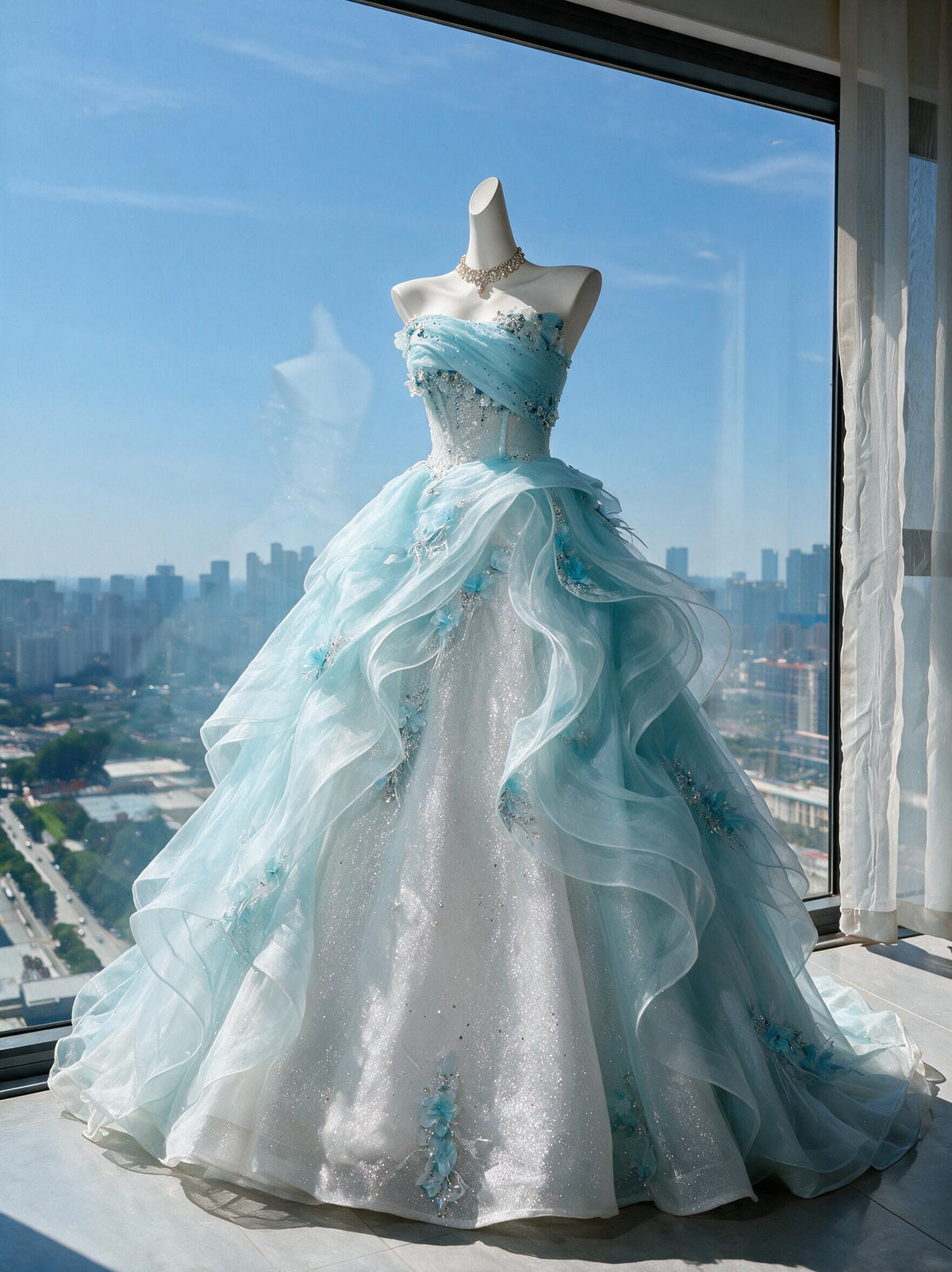 Fairy Quinceanera Dress Ball Gown Sweetheart Blue Tulle With Flowers Tiered Layers 15th Birthday Party Outfit RC0974