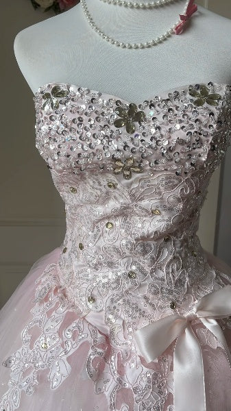 Sweet 16 Kleid, lang, herzförmiger Ausschnitt, rosa Tüll, mit Spitzenapplikationen, Ballkleid, Sweet Sixteen Geburtstagskleid, RC0384