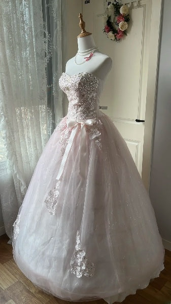 Sweet 16 Kleid, lang, herzförmiger Ausschnitt, rosa Tüll, mit Spitzenapplikationen, Ballkleid, Sweet Sixteen Geburtstagskleid, RC0384
