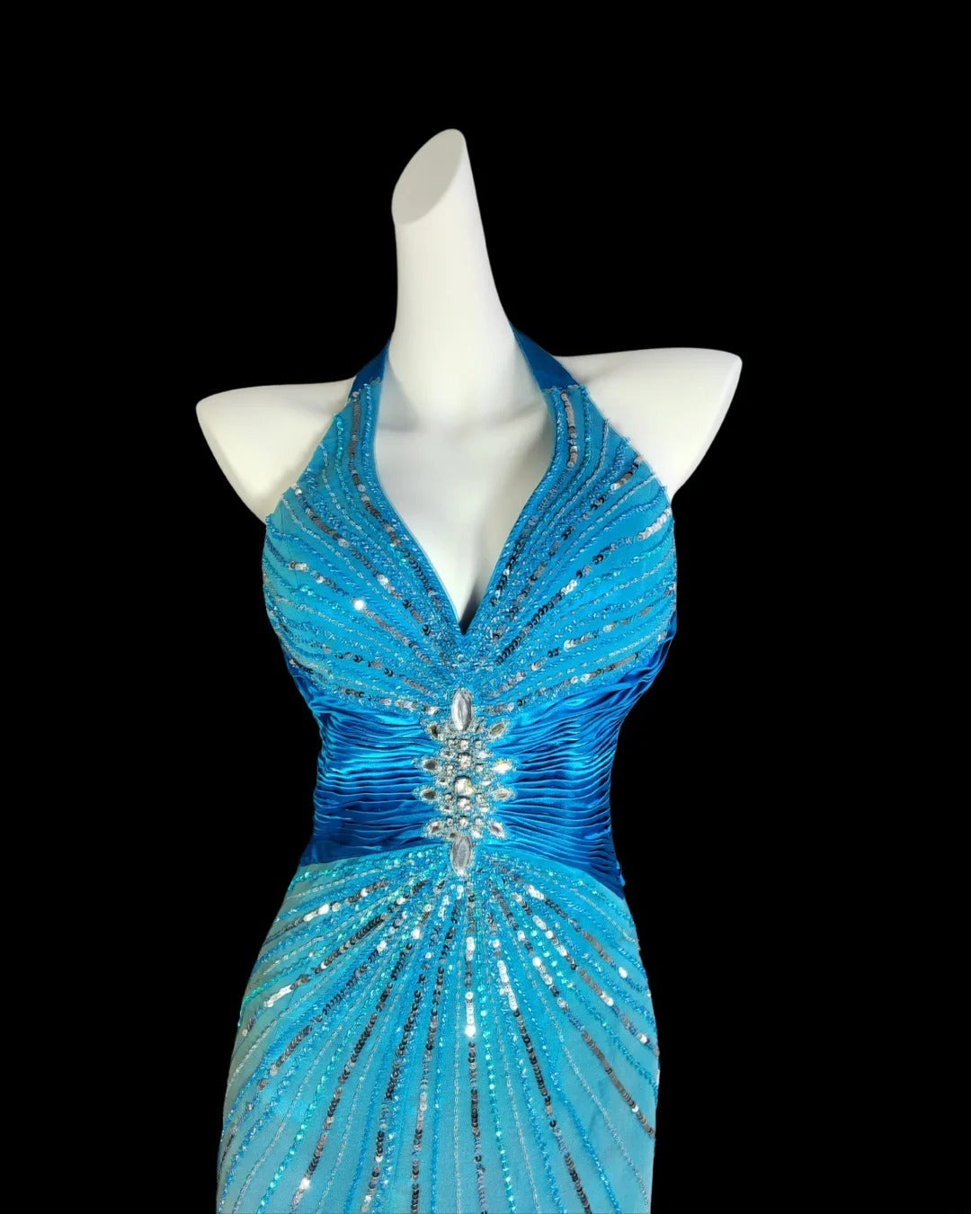 Robe de bal longue sans manches, bleu marine, dos nu, fendue, ornée de perles, style sirène, idéale pour les fêtes de fin d'études secondaires (AS016)