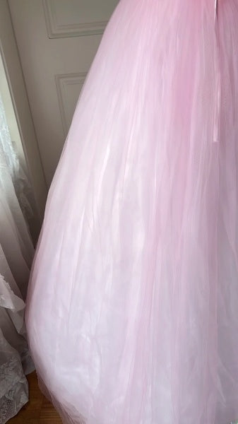 Sweet 16 Kleid, lang, trägerlos, Tüll, Rosa, bodenlanges Ballkleid, Sweet Sixteen Geburtstagskleid RC0387