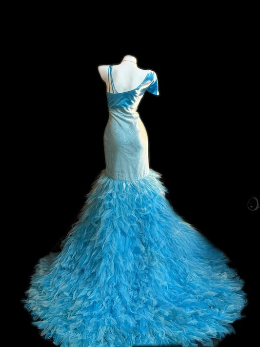 Modest Prom Dresses Mermaid Blue With Ruffles Tulle Long Evening Formal Outfits RB3361