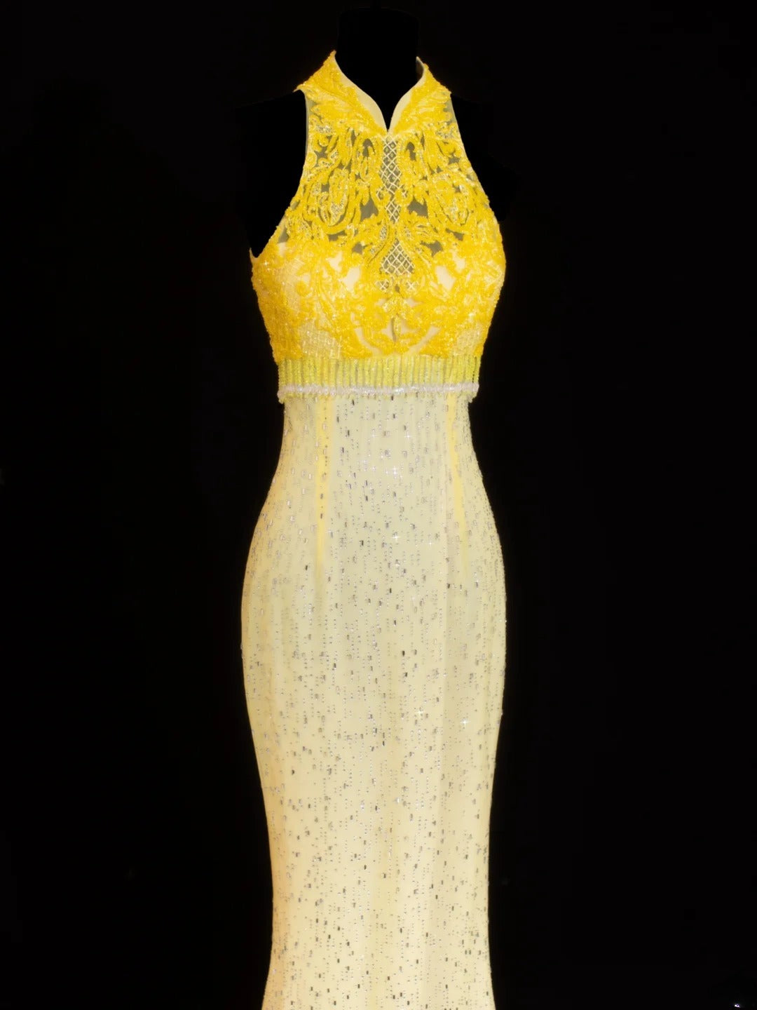 Robe de bal élégante et sobre, coupe sirène, col montant, dentelle jaune et traîne. Robe longue en mousseline de soie, idéale pour les soirées formelles (SA019).