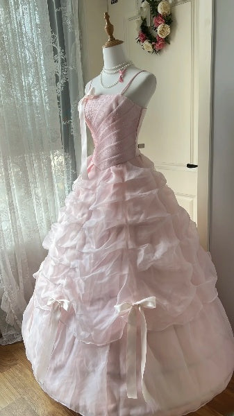 Quinceañera-Ballkleid für den 15. Geburtstag, Spaghettiträger, Rosa mit gerafften Falten, langes Festkleid RC0390