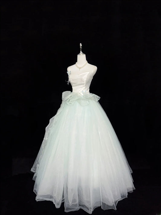 Fairytale Prom Dresses Ball Gown Spaghetti Strap Mint Green Tulle With Ruffles Evening Long Formal Dress RB7395