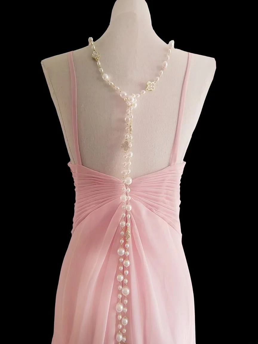 Robe de bal longue classique sirène rose en mousseline sans manches, dos nu, pour les élèves de terminale (AS024)