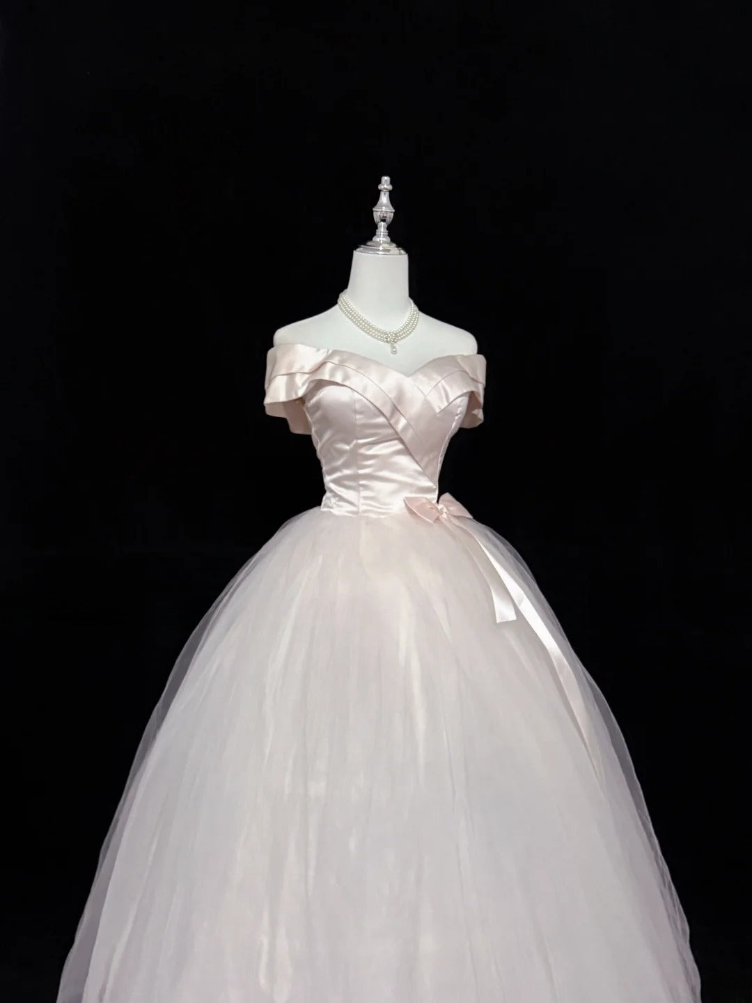 Fairytale Prom Dresses Ball Gown Off The Shoulder Light Pink Satin With Bow Evening Long Formal Dress RB7398