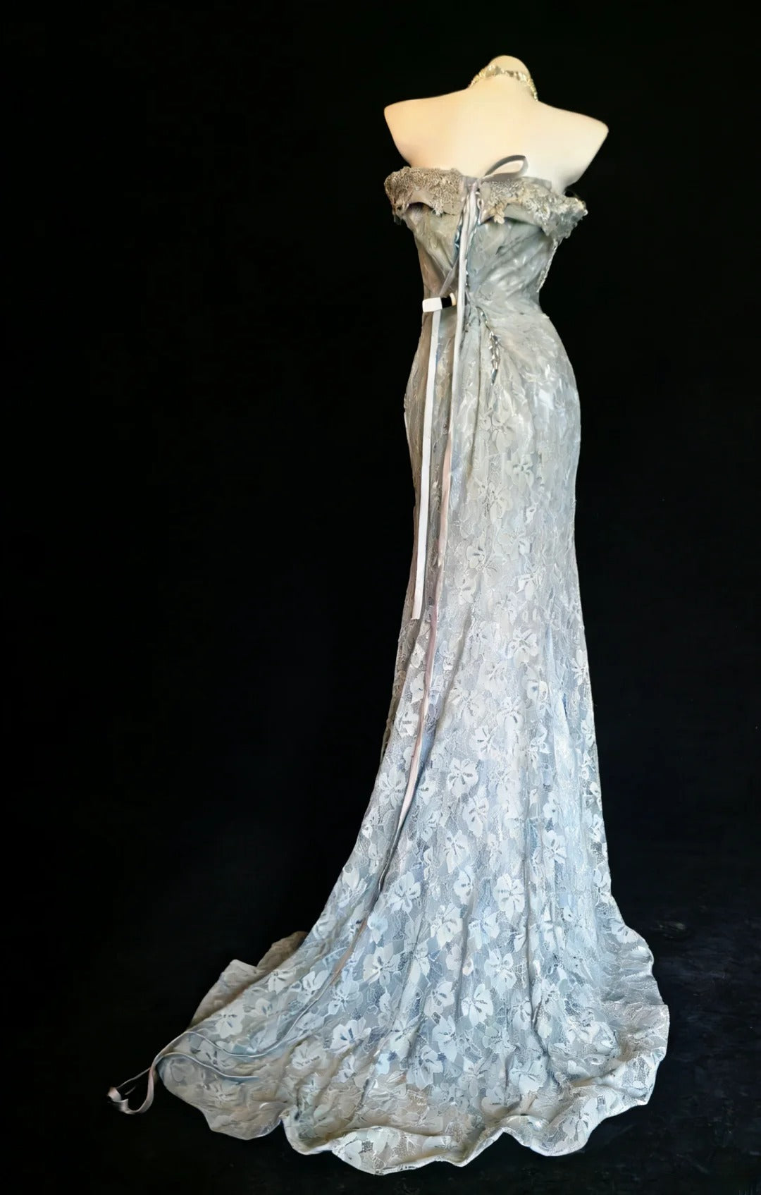 Robe de soirée sirène vintage années 90, épaules dénudées, en dentelle grise, robe de bal longue pour femme, robe d'anniversaire pour les 20 ans AS025