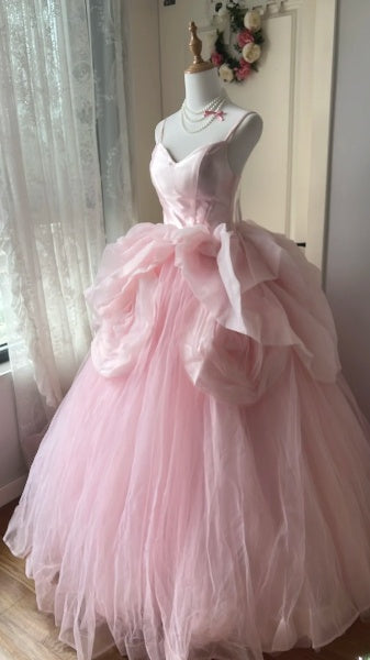 Quinceanera-Ballkleid für den 15. Geburtstag, Spaghettiträger, rosa Tüll mit Blumen, langes Festkleid RC0396