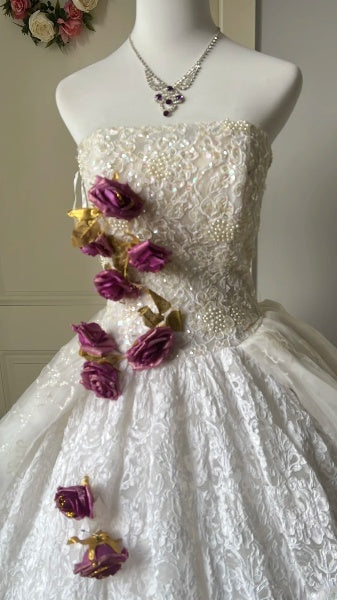 Sweet 16 Kleid lang trägerlos weiß Spitze bodenlanges Ballkleid zum sechzehnten Geburtstag RC0397