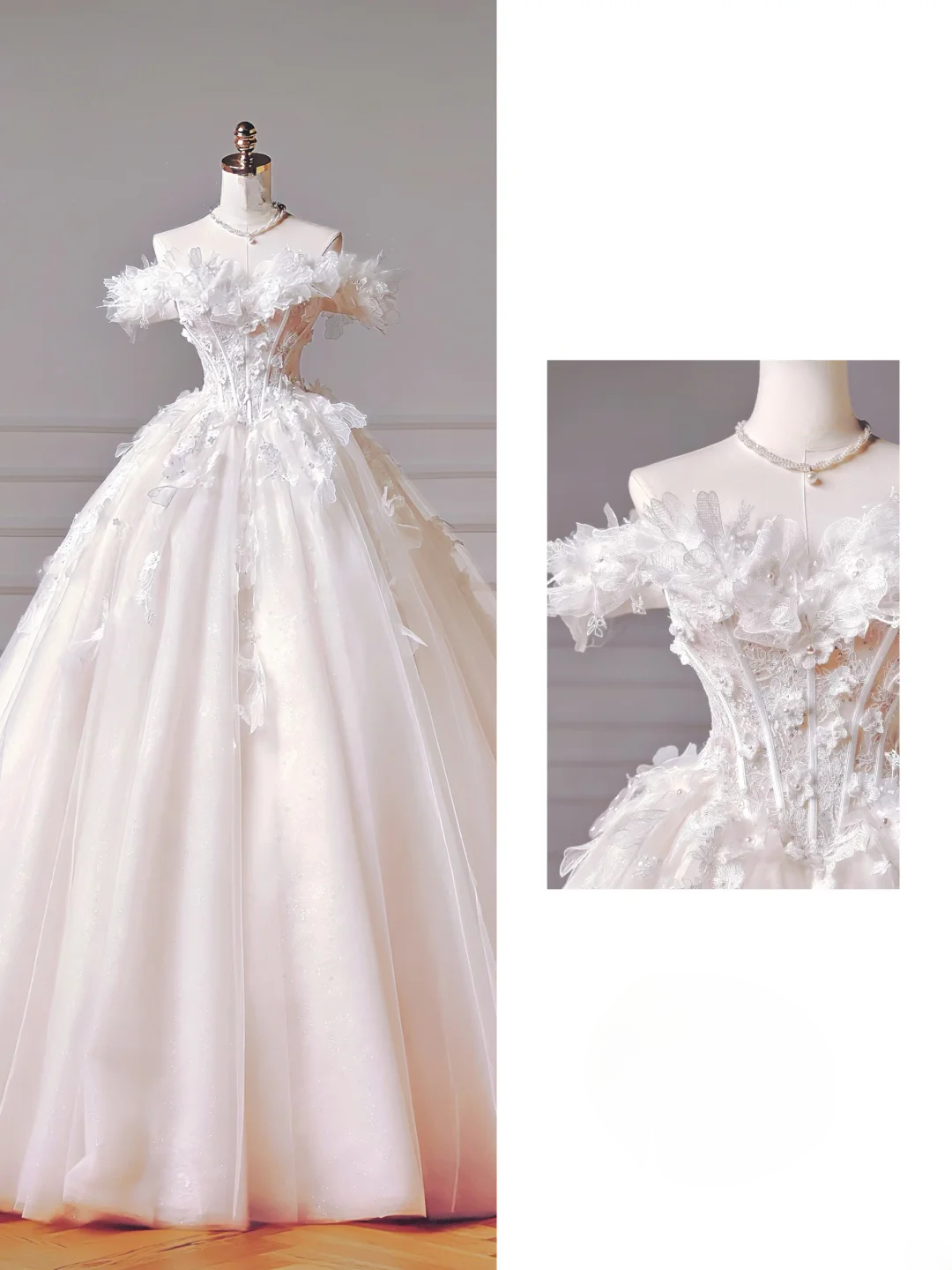 Robe de mariée longue de princesse, robe de bal à épaules dénudées en tulle avec manches courtes et corsage en dentelle, référence AQ028