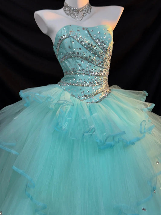 Cute Ball Gown Strapless Blue Tulle With Silver Beading Long Quinceanera Dress vestido de 15 de cenicienta RB3371