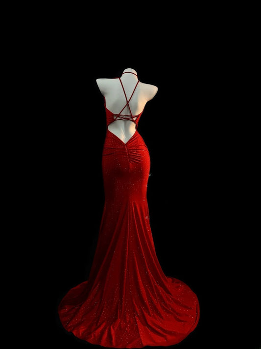 Vintage Ballkleider Meerjungfrau Sweetheart Rot Rückenfrei Satin mit Perlenkristallen Lange Abendmode Outfits RB3371