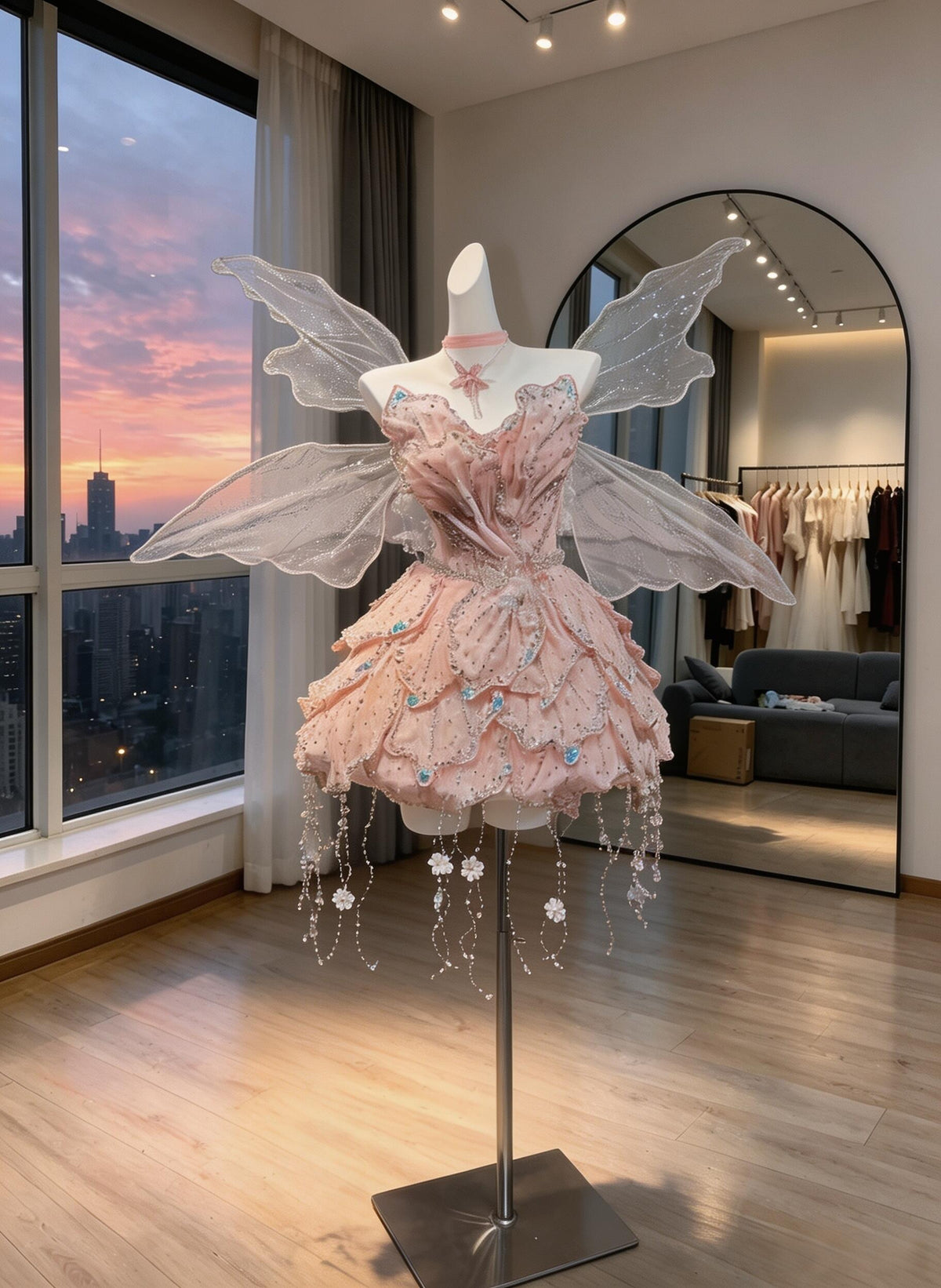 Cute Wedding Dress Fairytale Ball Gown Sweetheart Short With Pink Wing Beading Mini Bridal Gown RC0999