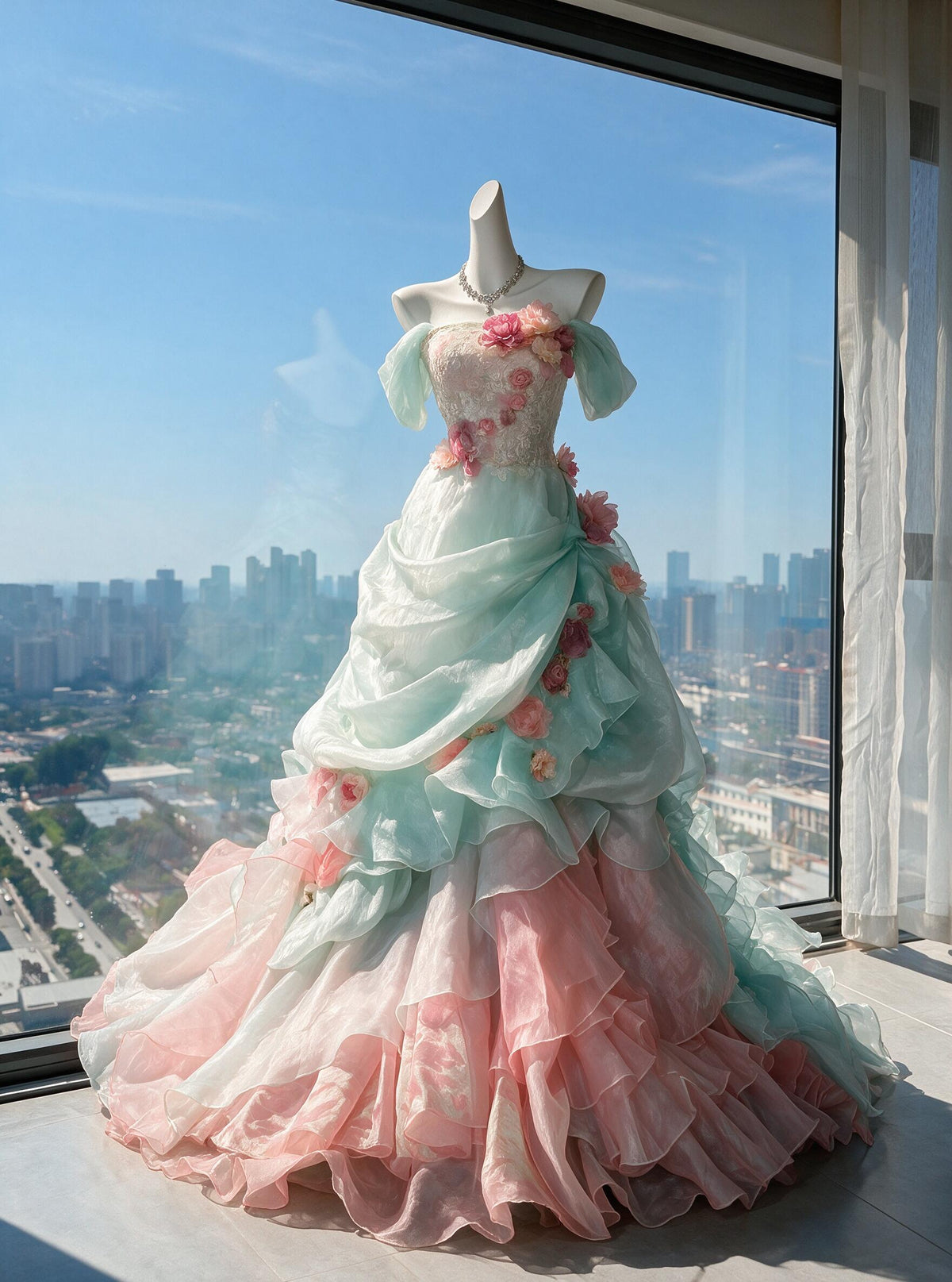 Prom Dress Mermaid Off The Shoulder Pink Blue With Layers Tiered Long Graduation Party Dress RC0992