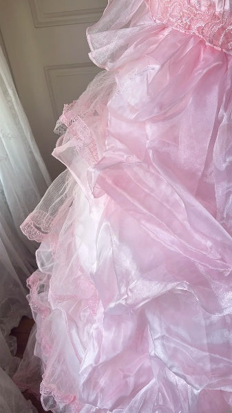 Sweet 15 Quinceanera Dress Ball Gown Spaghetti Straps Pink Tulle With Tiered Long 15th Birthday Gown RC0405
