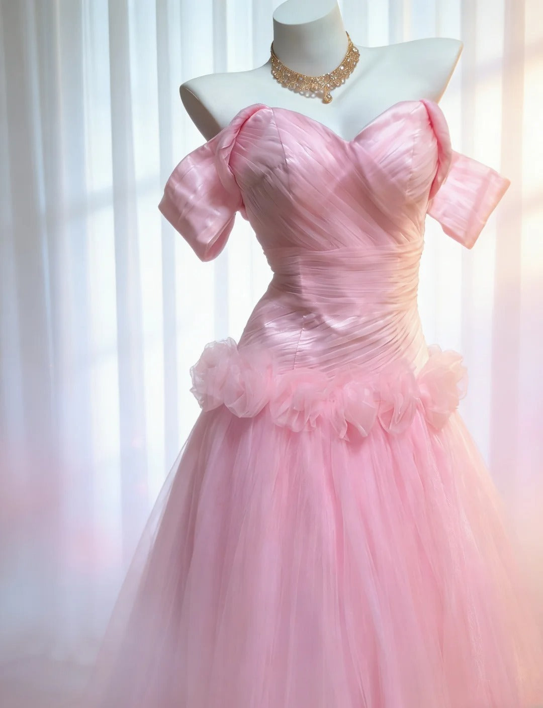 Robe de soirée longue sirène vintage années 90 en tulle rose à épaules dénudées, idéale pour les bals de fin d'année et les anniversaires (AS036)